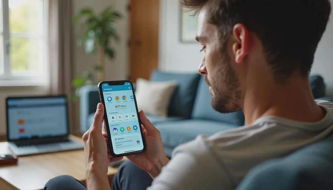 Parent reviewing multi-device protection status from a phone
