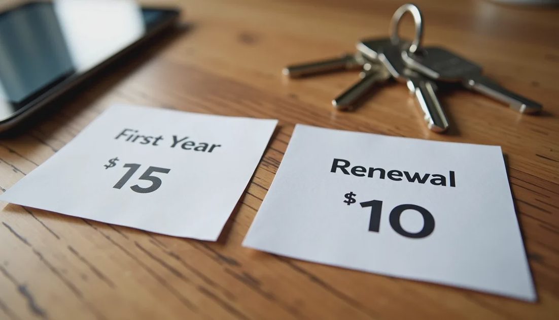 First-year offer versus renewal cost comparison Visual comparison of first-year promotional price versus renewal price for antivirus software