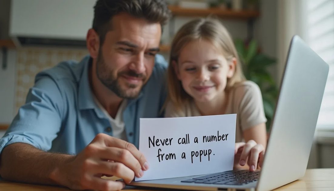 Family reviewing the rule against calling numbers from computer popups