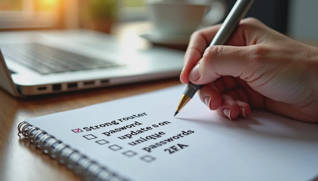 Simple privacy checklist for a household Parent listing basic home privacy habits on a notepad