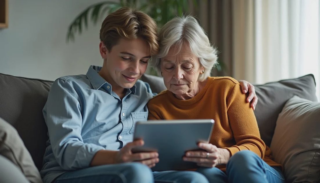 Multi-generation household reviewing shared device security Teenager and grandparent checking device protection status together on a tablet