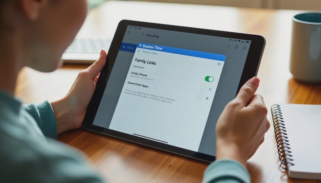 Setting downtime and app limits during initial setup Parent configuring parental control settings on a child’s new tablet