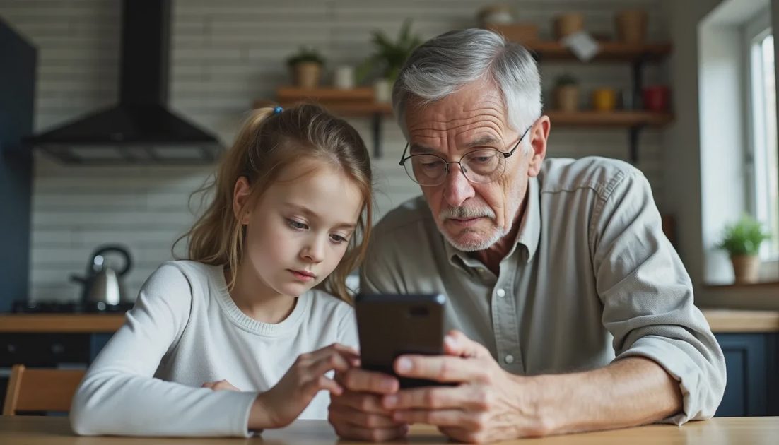 Adult child helping parent review recent phone calls for potential scam numbers