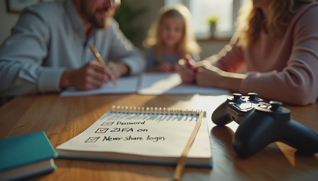 Simple household rules for gaming account security Parent and child reviewing basic gaming account safety rules together