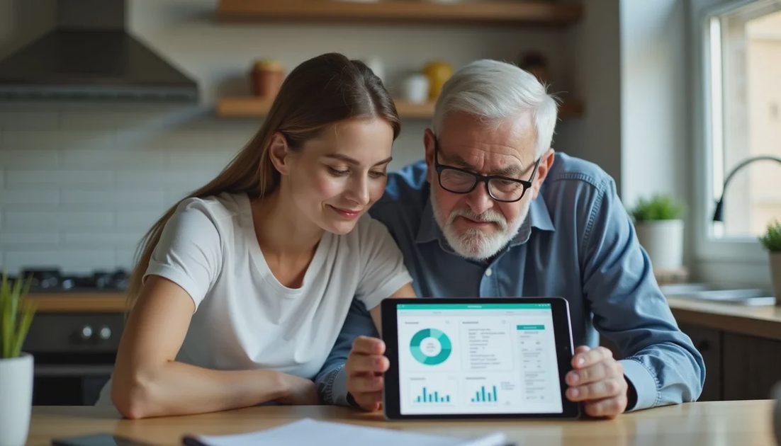 Adult child helping a parent confirm antivirus protection is active