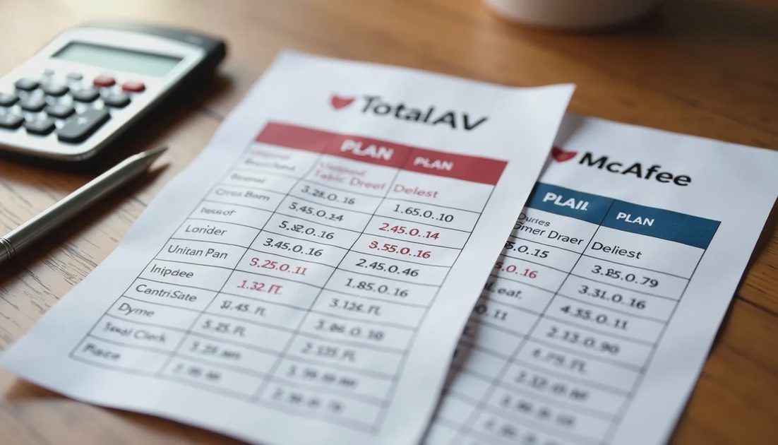 Side-by-side printed comparison of TotalAV and McAfee device limits and pricing