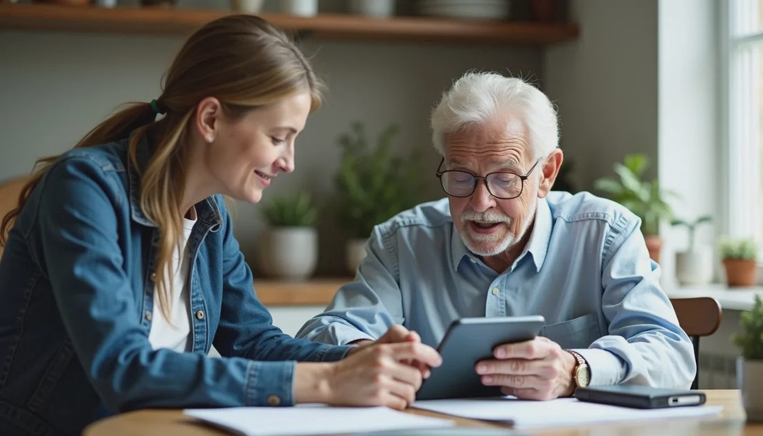 Adult assisting a grandparent while a child’s limited device is also in view