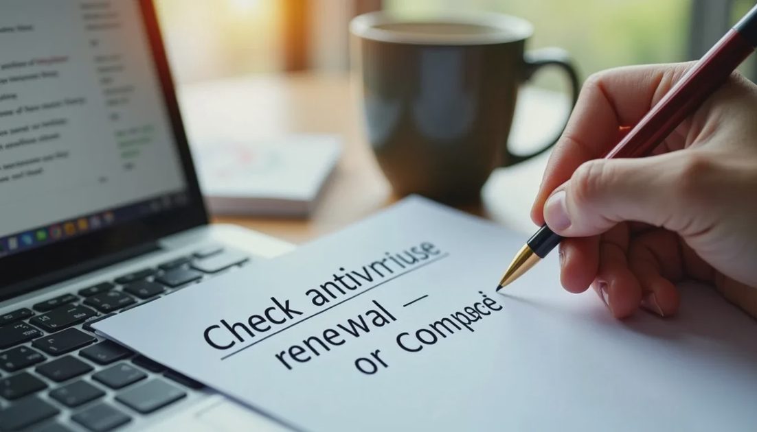 Parent setting a calendar reminder for antivirus renewal date