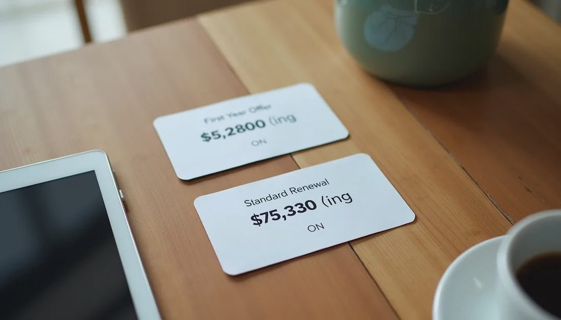 Visual contrast between promotional first-year price and standard renewal price