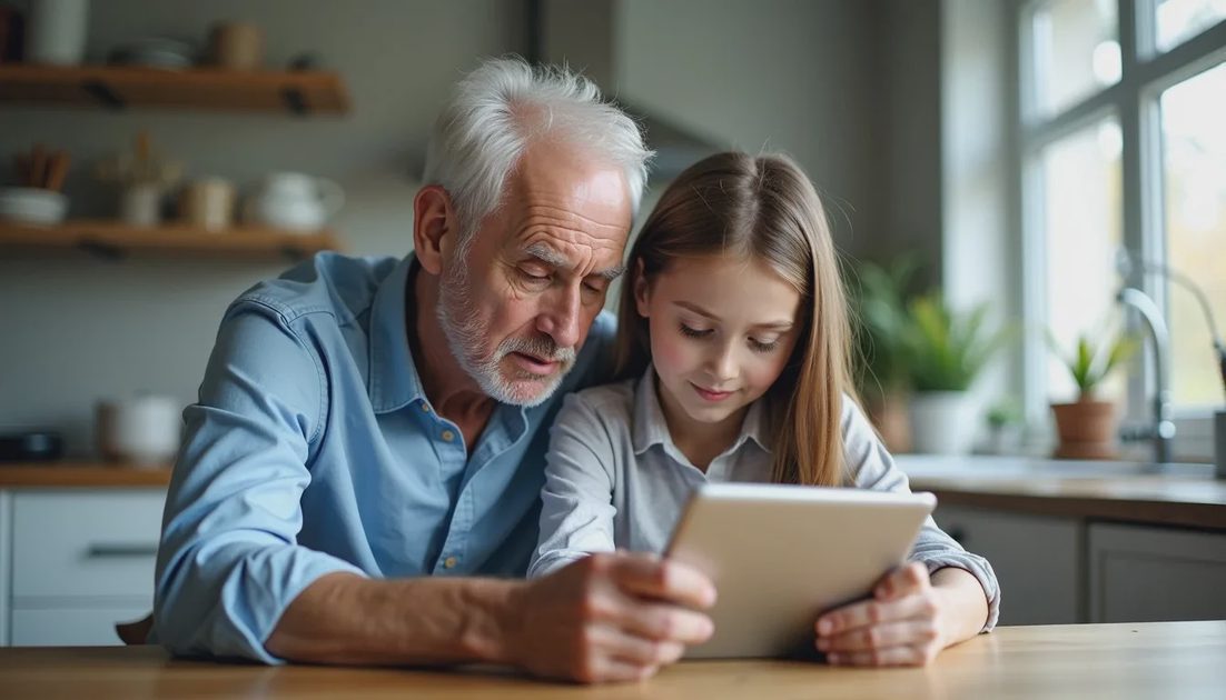 Adult child helping parent review settings on a tablet at the kitchen table