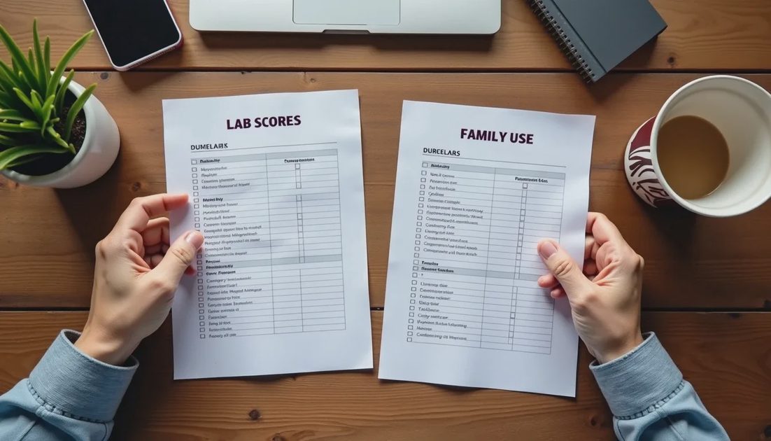 Parent comparing independent lab scores against real family usability criteria