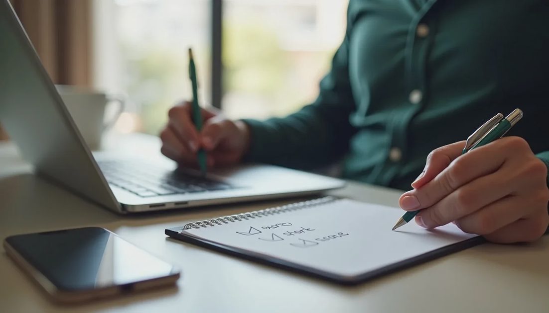 Parent writing a family cyber safety checklist on paper next to laptop and phone