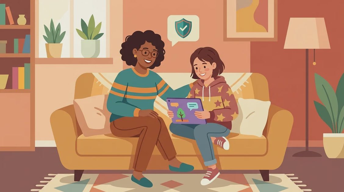 Parent and teen talking about online safety