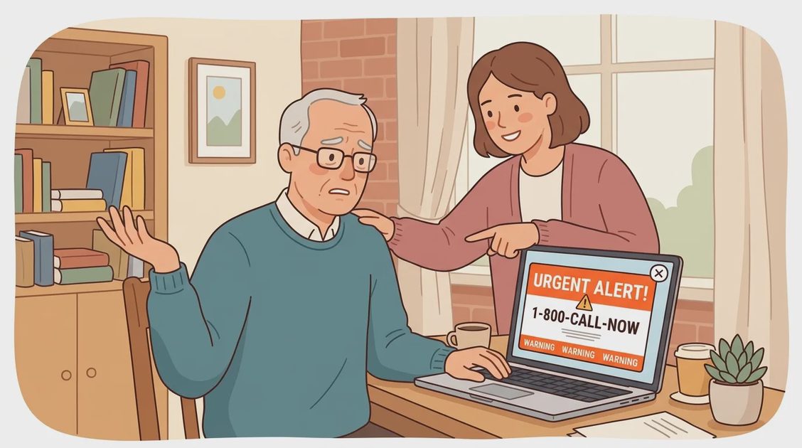 Older adult getting help with a tech support scam pop-up
