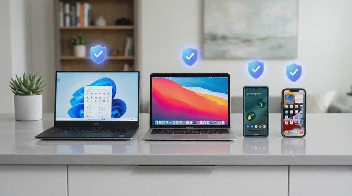 Laptop, Mac, Android phone and iPhone each protected by a shield