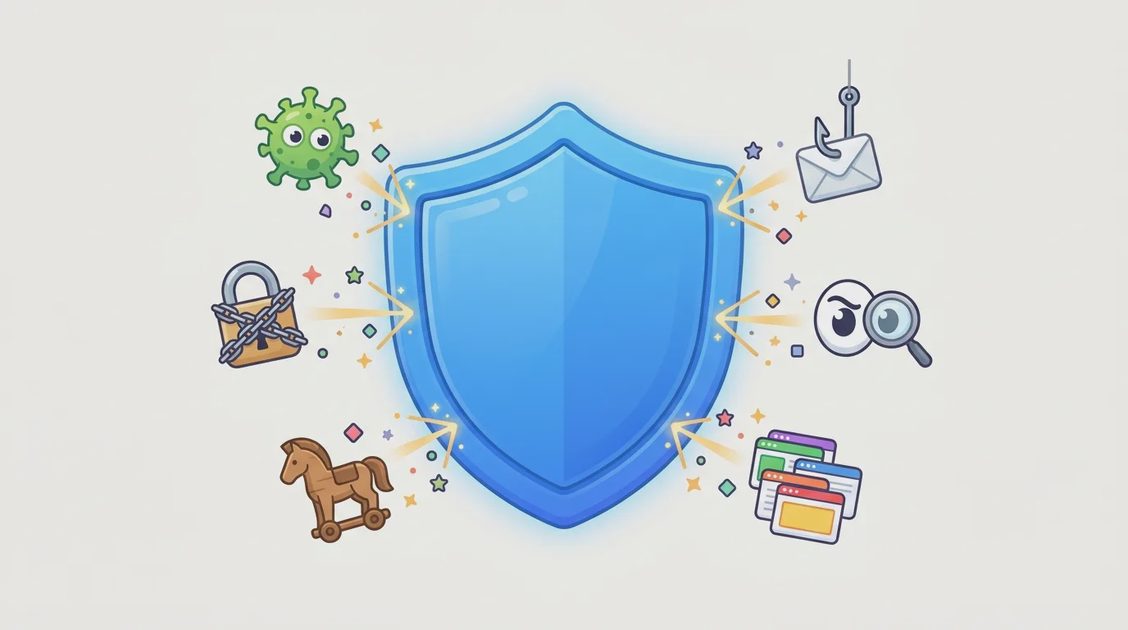 Common online threats bouncing off a protective shield