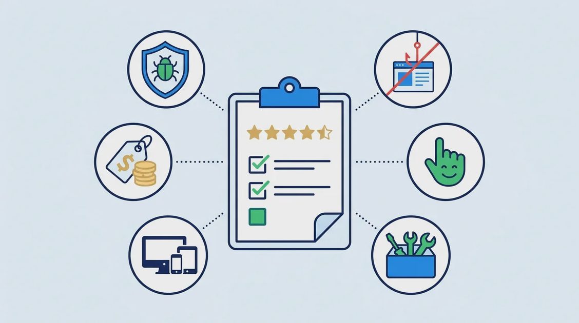 Six criteria used to score antivirus software
