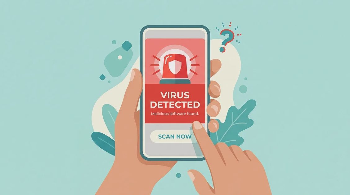 Fake virus alert pop-up on a phone screen