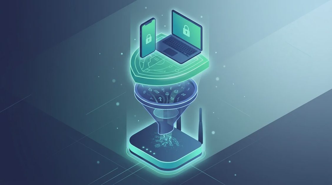 Layered security for home devices: router filter, shield, and updates